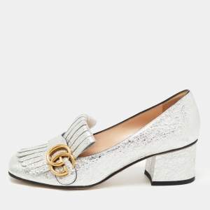 Gucci Silver Texture Leather GG Marmont Fringe Loafer Pumps Size 36