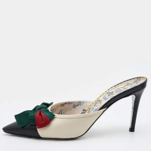 Gucci Cream/Black Leather Web Bow Pointed-Toe Mules Size 37.5