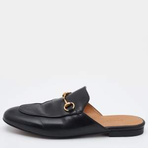 Gucci Black Leather Princetown Flat Mules Size 38.5 