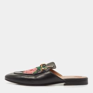 Gucci Black Leather Floral Embroidered Princetown Flat Mules Size 38