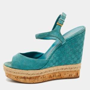 Gucci Aqua Blue Micro Guccissima Leather and Cork Wedge Sandals Size 39.5