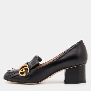 Gucci Black Leather Marmont GG Fringe Detail Block Heel Pumps Size 37