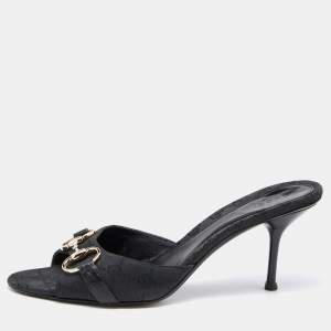 Gucci Black GG Canvas and Leather Horsebit Slide Sandals Size 40.5