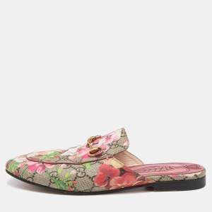 Pre Owned Gucci Brown/Beige GG Supreme Blooms Canvas Princetown Flat Mules Size 36