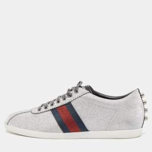 Gucci Metallic Silver Glitter Web Detail Studded Low Top Sneakers Size 39