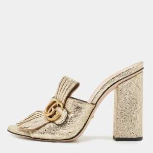 Gucci Gold Foil Leather Double G Fringe Details Slide Sandals Size 39