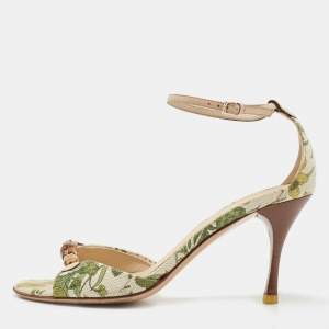 Gucci Green/Beige Printed Canvas Bamboo Horsebit Ankle Strap Sandals Size 37