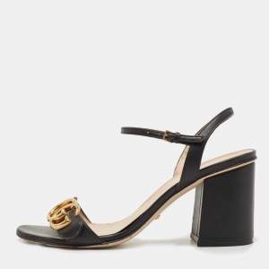 Gucci Black Leather GG Marmont Block Heel Ankle Strap Sandals Size 37