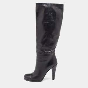 Pre Owned Gucci Black Leather Knee Length Boots Size 37