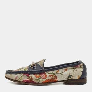 Gucci Navy Blue/White Leather and Floral Print Canvas 1953 Horsebit Loafers Size 36