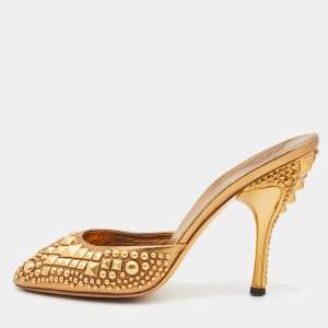 Gucci Metallic Gold Studded Leather Peep Toe Slide Mules Size 35