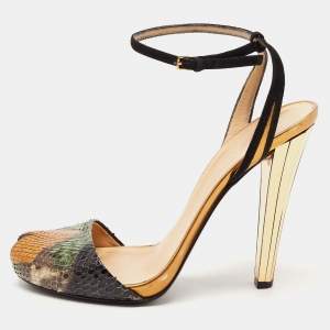 Gucci Multicolor Python and Suede Ankle Strap Peep Toe Sandals Size 39.5