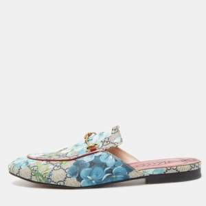 Gucci Grey GG Supreme Blooms Canvas Princetown Horsebit Mules Size 39.5