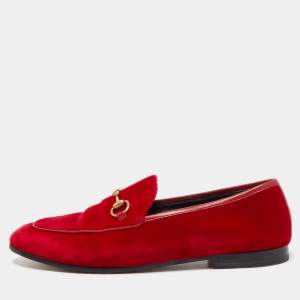 Gucci Red Velvet Jordaan Horsebit Loafers Size 38