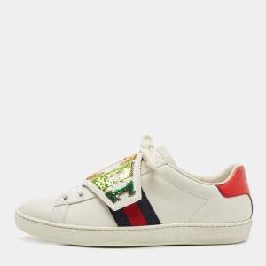 Gucci White Leather Sequin Embellished  Ace Web Detail Low Top  Sneakers Size 37