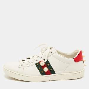 Gucci White Leather Faux Pearl Embellished Ace Sneakers Size 36.5