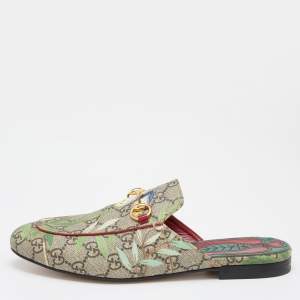 Gucci Grey Canvas Bird Printed Princetown Mules Size 38   