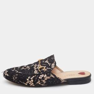 Gucci Black/Beige Satin and Lace Princetown Mules Size 39