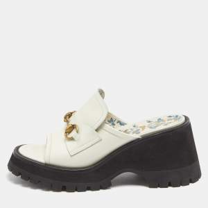 Gucci White Leather Harald Horsebit Platform Slide Sandals Size 38.5