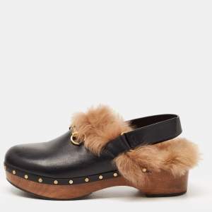 Gucci Black Leather and Fur Amstel Horsebit Slingback Clog Sandals Size 41