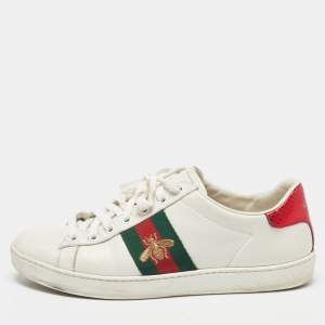 Gucci White Leather Web Detail Bee Embroidered Ace Low Top Sneakers Size 37
