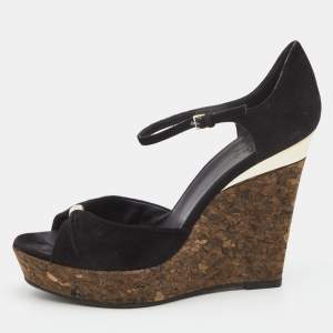 Gucci Black Suede Cork Wedge Platform Ankle Strap Sandals Size 37.5