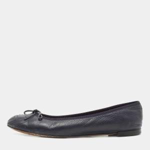 Pre Owned Gucci Navy Blue Leather Bow Ballet Flats Size 37.5