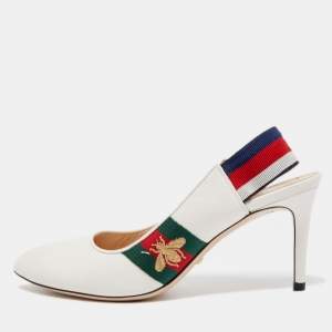 Pre Owned Gucci White Leather Sylvie Web Slingback Pumps Size 36.5