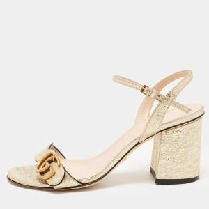 Pre Owned Gucci Gold Crinkled Leather GG Marmont Ankle Strap Sandals Size 37.5