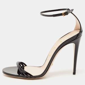 Gucci Black Patent Leather Ilse  Ankle Strap Sandals Size 39.5