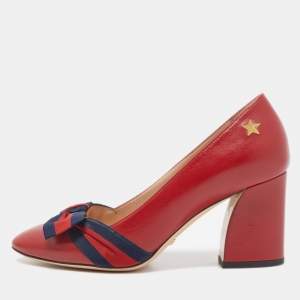 Pre Owned Gucci Red Leather and Web Bow Block Heel Pumps Size 36.5