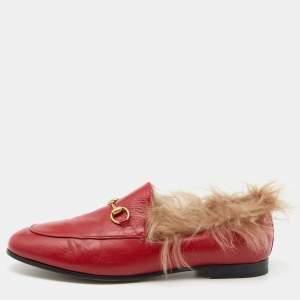 Gucci Red Leather and Fur Princetown Mules Size 39.5