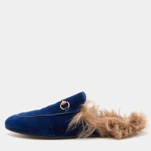 Gucci Blue Velvet and Fur Princetown Mules Size 40.5