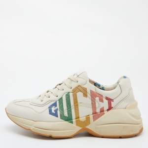 Gucci Cream Leather Glitter Logo Rhyton Sneakers Size 40