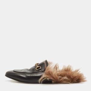 Pre Owned Gucci Black Leather and Fur Princetown Flat Mules Size 39.5