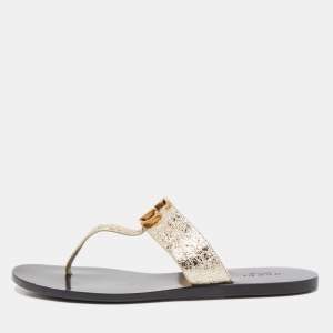 Gucci Gold Leather GG Marmont Thong Flats Size 37.5