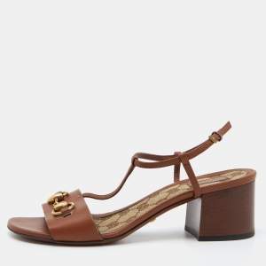 Gucci Brown Leather Horsebit T-Strap Block Heel Sandals Size 37.5