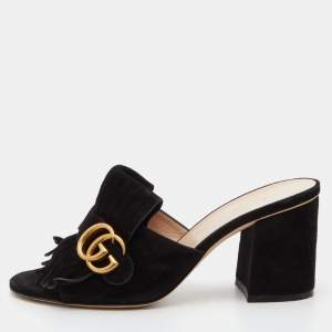 Gucci Black Suede GG Marmont Fringe Sandals Size 37.5