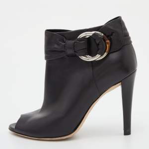 Pre Owned Gucci Black Leather Peep Toe Ankle Booties Size 37