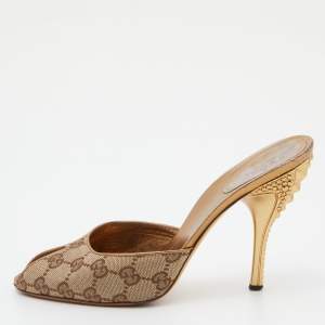 Gucci Brown/Beige GG Canvas Studded Heel Peep Toe Mules Size 37.5