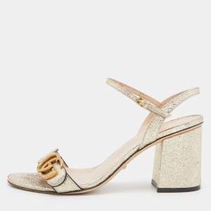 Gucci Gold Crinkled Leather GG Marmont Ankle Strap Sandals Size 38