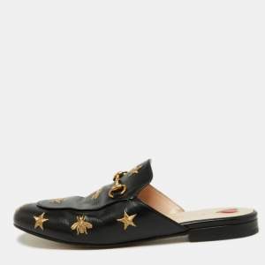 Pre Owned Gucci Black Leather Bee and Star Embroidered Princetown Flat Mules Size 38