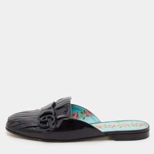 Gucci Black Patent Leather GG Marmont Fringe Flat Mules Size 39