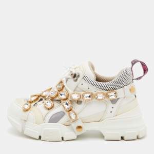 Gucci White Leather, Suede and Mesh Flashtrek Removable Crystals Low Top Sneakers Size 38.5