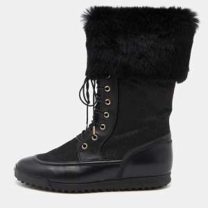Pre Owned Gucci Black GG Nylon and Leather Lace Up Combat Boots Size 37.5