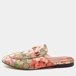 Pre Owned Gucci Beige/Brown GG Supreme Bloom Canvas Princetown Flat Mules Size 38
