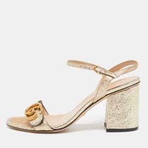 Gucci Gold Crinkled Leather GG Marmont Ankle Strap Sandals Size 37