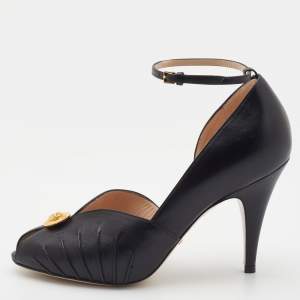 Gucci Black Leather Ankle Strap Peep Toe Sandals Size 38