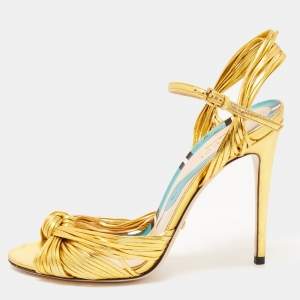 Pre Owned Gucci Gold Foil Leather Allie Knot Ankle Strap Sandals Size 36.5