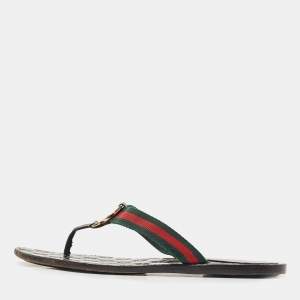 Pre Owned Gucci Tricolor Leather and Canvas Web Interlocking G Thong Flats Size 39.5